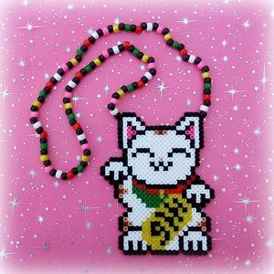 Maneki Neko Lucky Cat Kandi Perler Bead Necklace